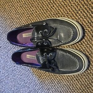 SPERRY TOP SIDER Black SEQUIN Mary Jane Ballet Flat Loafer Shoe ribbon laces